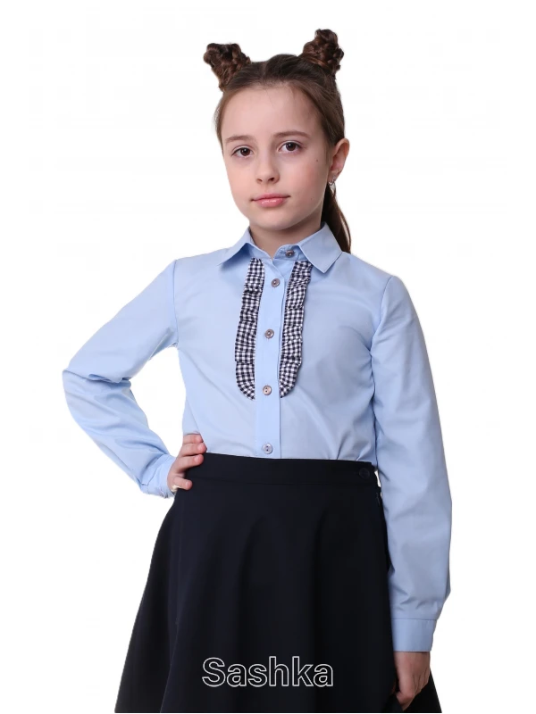 Блуза для дівчинки Sashka класична шкільна довгий рукав блакитна, розмір 116-170